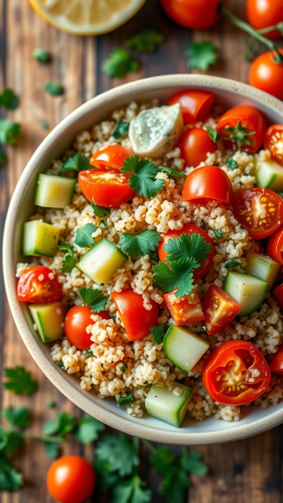 A vibrant quinoa salad with bell peppers, cucumbers, cherry tomatoes, and parsley in a rustic bowl.
